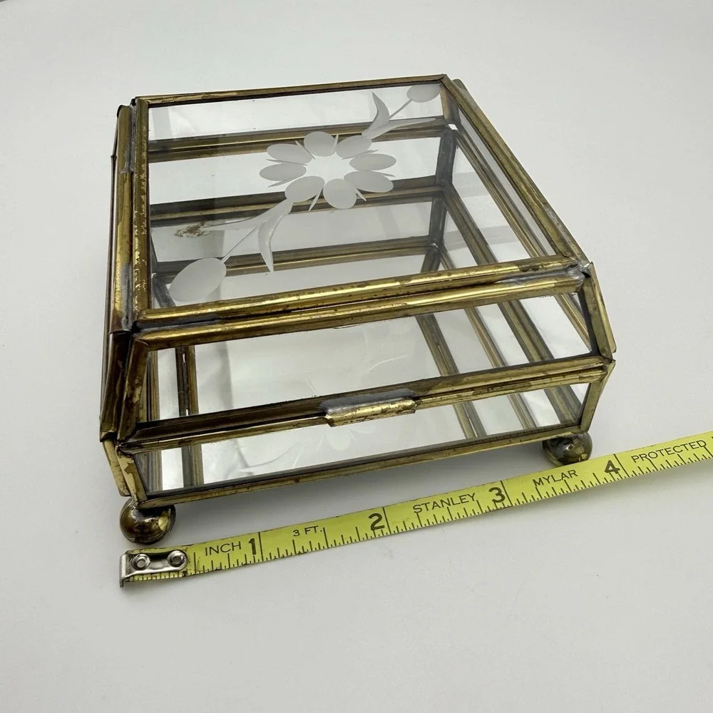 Mirrored Glass Jewelry Box Brass Trinket Etched Flower Lid Storage Display 4x4x2